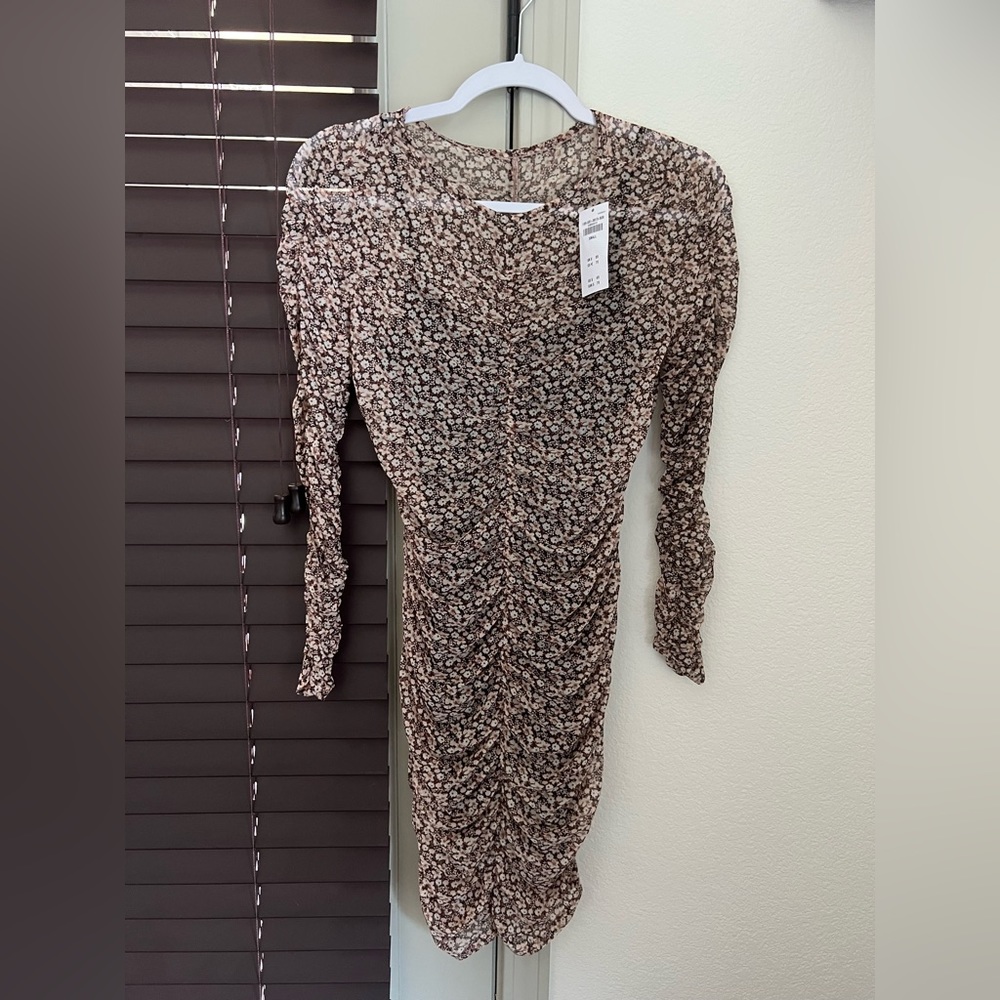 Abercrombie & Fitch Long-Sleeve Ruched Mesh Mini Dress Black Floral Print Small